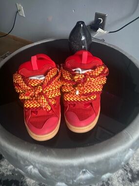 Lanvin Red Kids Sneakers with Yellow-Red Braided Laces